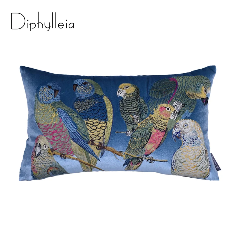 Diphylleia American Country Style Luxury Cushion Cover Colorful Parrot Embroidered Royal Blue Throw Pillow Case For Living Room