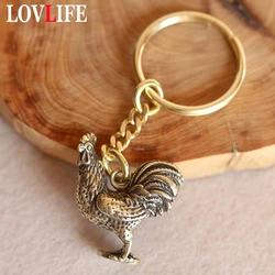 Handmade Brass Rooster Keychains Copper Chinese Zodiac Chicken Bag Hanging Pendant Car Key Rings Gifts