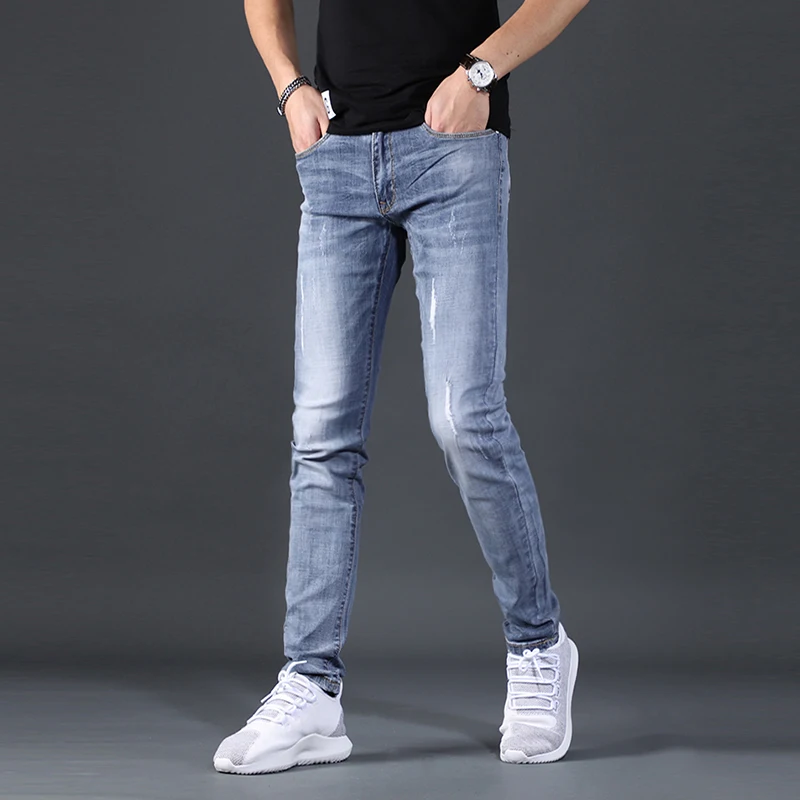 

Summer Light Blue Jeans Men Casual Slim Fit Pencil Pants Thin Ripped Denim Trousers