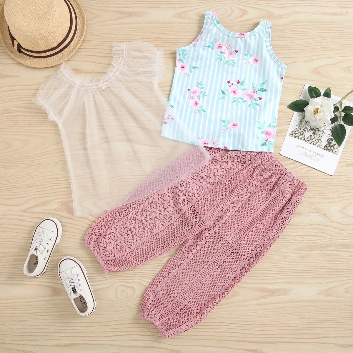 

3pc Fashion Kids Clothes Girls Outfits Floral Print Vest Puff Sleeve Mesh Tops Lace Jogger Pants Summer Toddler Girl Clothes Set