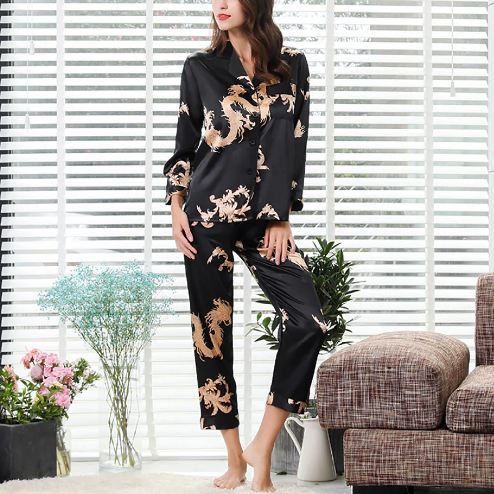 2022 Men Women Pajamas Set Imitation Silk Dragon Print Shirt Pants Couple Sleepwear Pajama Set Sleepwear lingerie пижама женская