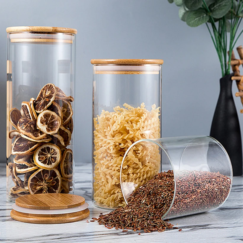 

Collection jar storage bottle store display with transparent display bottle high borosilicate glass bamboo lid seal Q-211