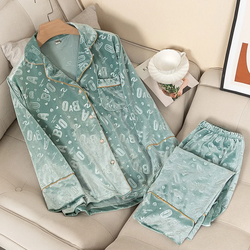 Pajamas For Women Velvet 2PCS Set Full Sleeve Shirt&pant Spring Autumn Letter Sleepwear Loose Nightwear Velour Sleep Set