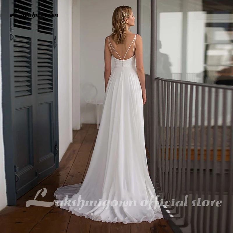 Simple Chiffon Wedding Dress 2021 Spaghetti Straps V Neck Ruched Bodice A Line Boho Beach Wedding Dresses Vestido De Noiva