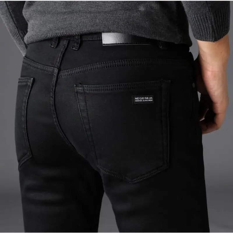 Men's Stretch Black Jeans Classic Style Business Fashion Pure Black Slim-fit Denim Pants Male Brand Casual Trousers