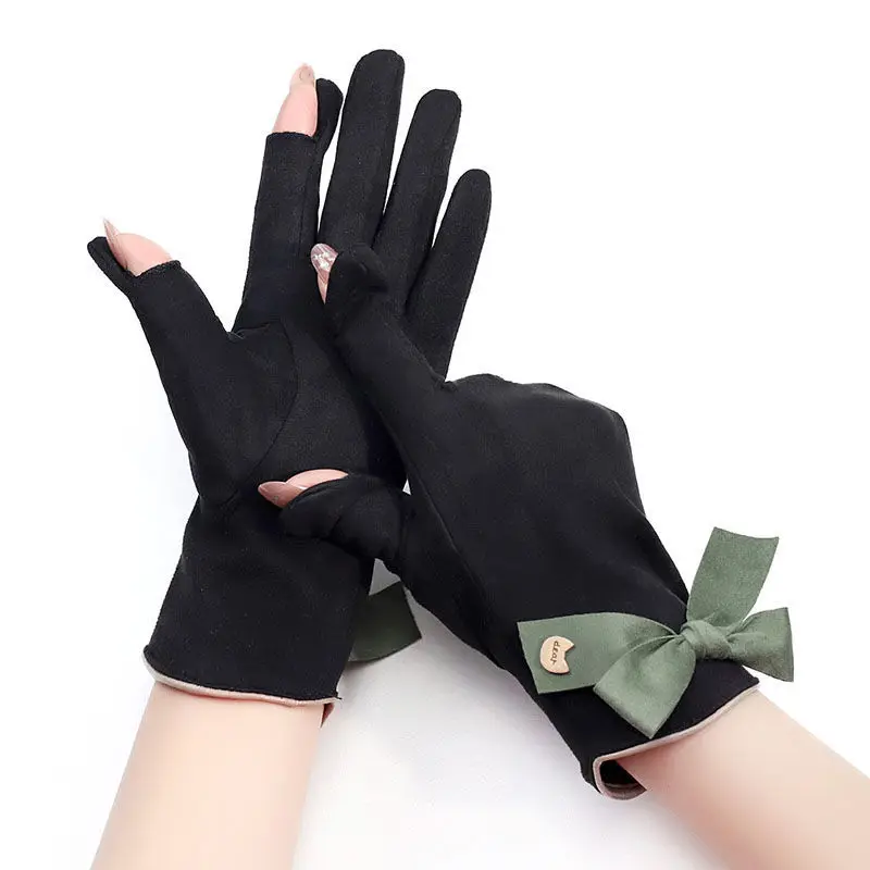 

Korean Suede Leather Show Finger Bow Cat Warm Cycling Mittens Women's Winter Plus Velvet Touch Screen Driving Gloves R97