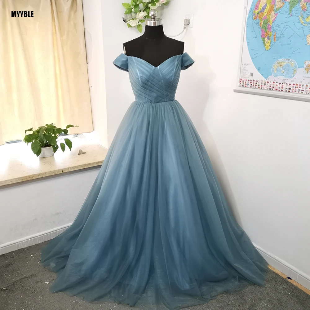 Myyble 2021 cinza-azul ombro formal vestido de noite estilo escova smoking curto-sleeved swing voltar rendas até cheapgrab fold popular