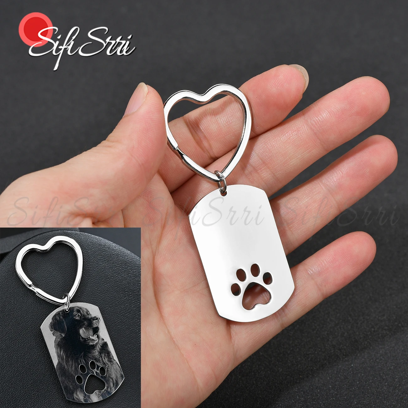 Sifisrri Custom Engraved Photo Name Dog Paw Keychain Personalized Stainless Steel Drive Safe Key Ring Women Men DIY Jewelry Gift