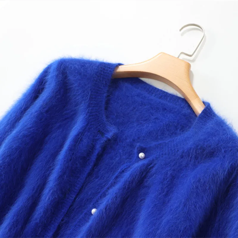 Long hair mink double layer thickened cardigan women\'s sweater loose medium long pearl button Lantern Sleeve mink coat