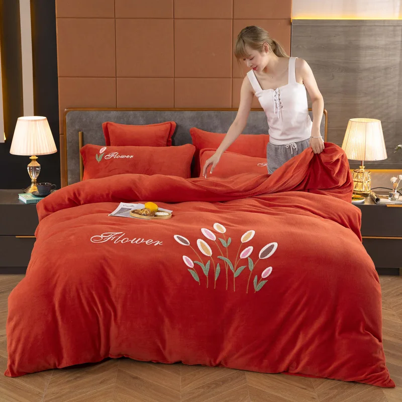 

Antistatic Flannel Duvet Cover Embroidery Coral Velvet Quilt Cover Modern Ultra Soft Luxury Comforter Covers Winter Bedding