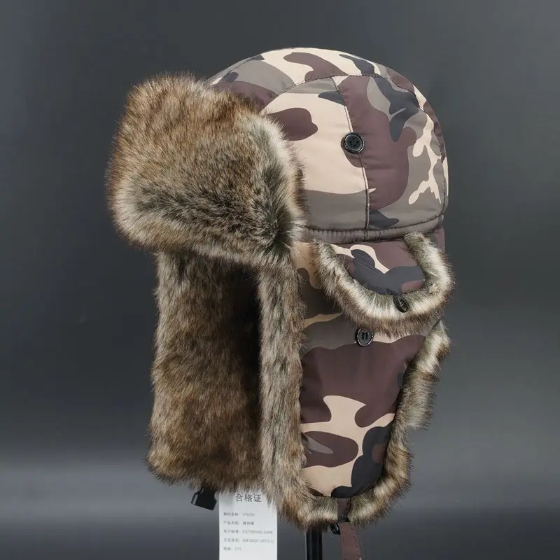 Winter Camouflage Bomber Hunting Caps Men Women Outdoor Lei Feng Hat Camping Hiking Tactical Windproof Cold-proof Skiing Fishing