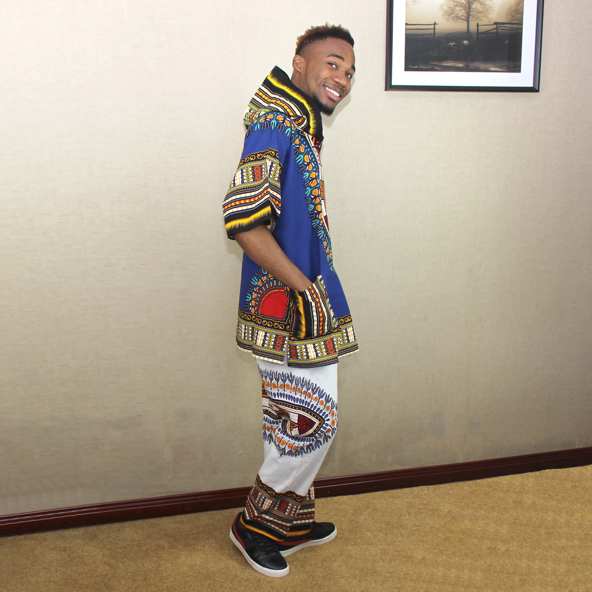 African Classic Dashiki with Pockets Mens Blue Printed Dashiki Hoodie