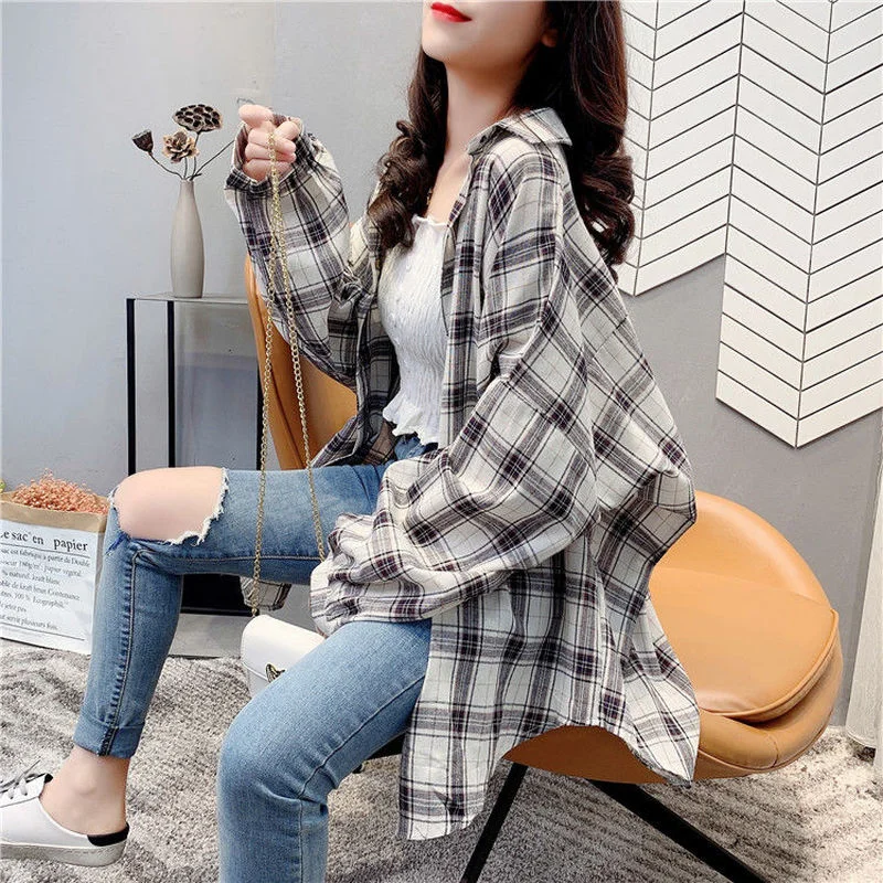 Women Blouses Plaid Turn-down Collar Female Autumn Long Sleeve Blouse Shirts Vintage Loose Street Lady Korean Oversize Top