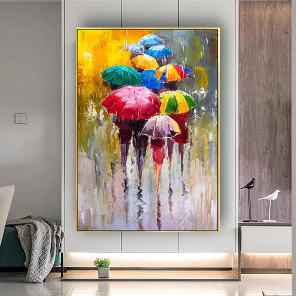 

Crowd In The Rain! Fashion Wall Art Hand-painted Rich Colors Abstract Oil Painting On Canvas Picture For Living Room Decorative