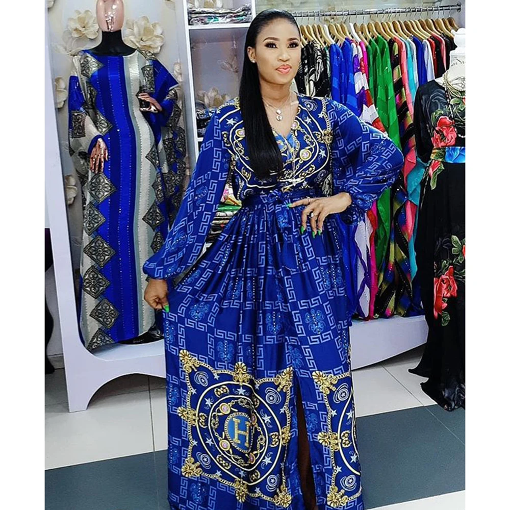 Fashion Printed Dresses For Women 2022 Sexy V-neck Long Sleeve Maxi Vestidos Ladies Robe Africaine Geometry Ankara Clothes