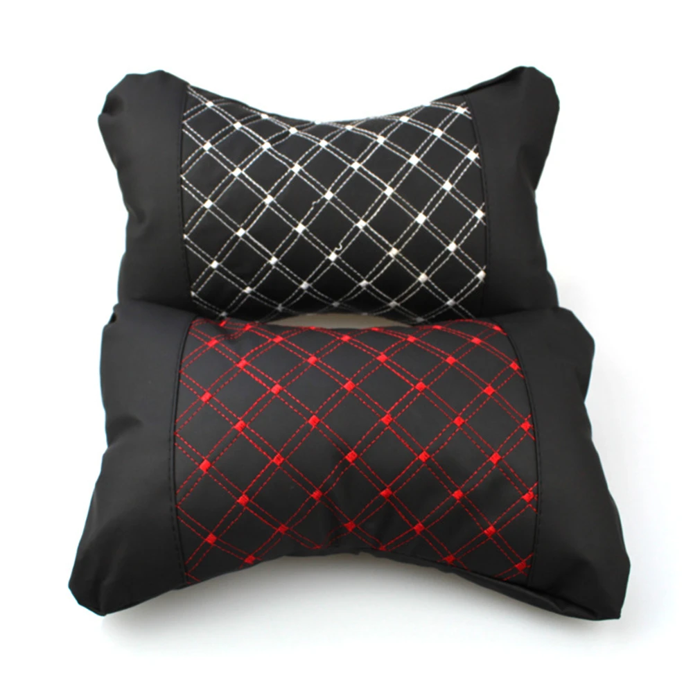 2 Pieces Universal Car Red White Line Leather Headrest Cushion Pad Pillows Cushion Supplies Support Neck Auto Safety Pillow - Image 3