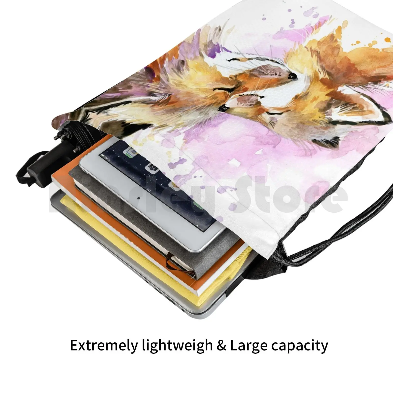 아름다운 여우 엄마와 새끼 수채화 디자인. 배낭 졸라매는 끈 가방 승마 등산 체육관 가방 폭스 폭스 어머니 엄마 엄마