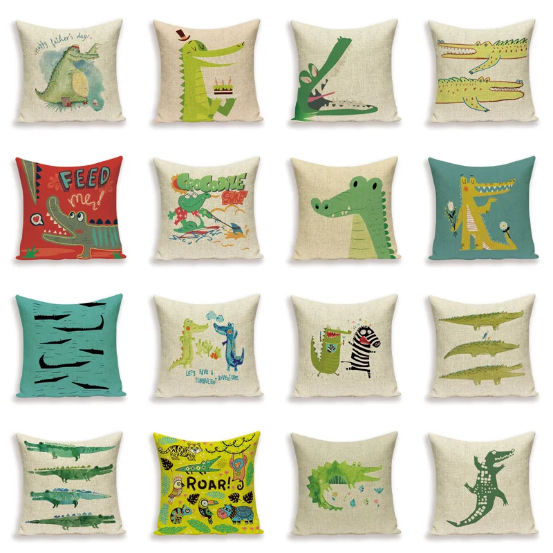 Cartoon Crocodile Cushion Covers Farmhouse Decoration Pillow Cover Flax Cushions Case Animal Sofa Car Pillows Cases 45*45Cm