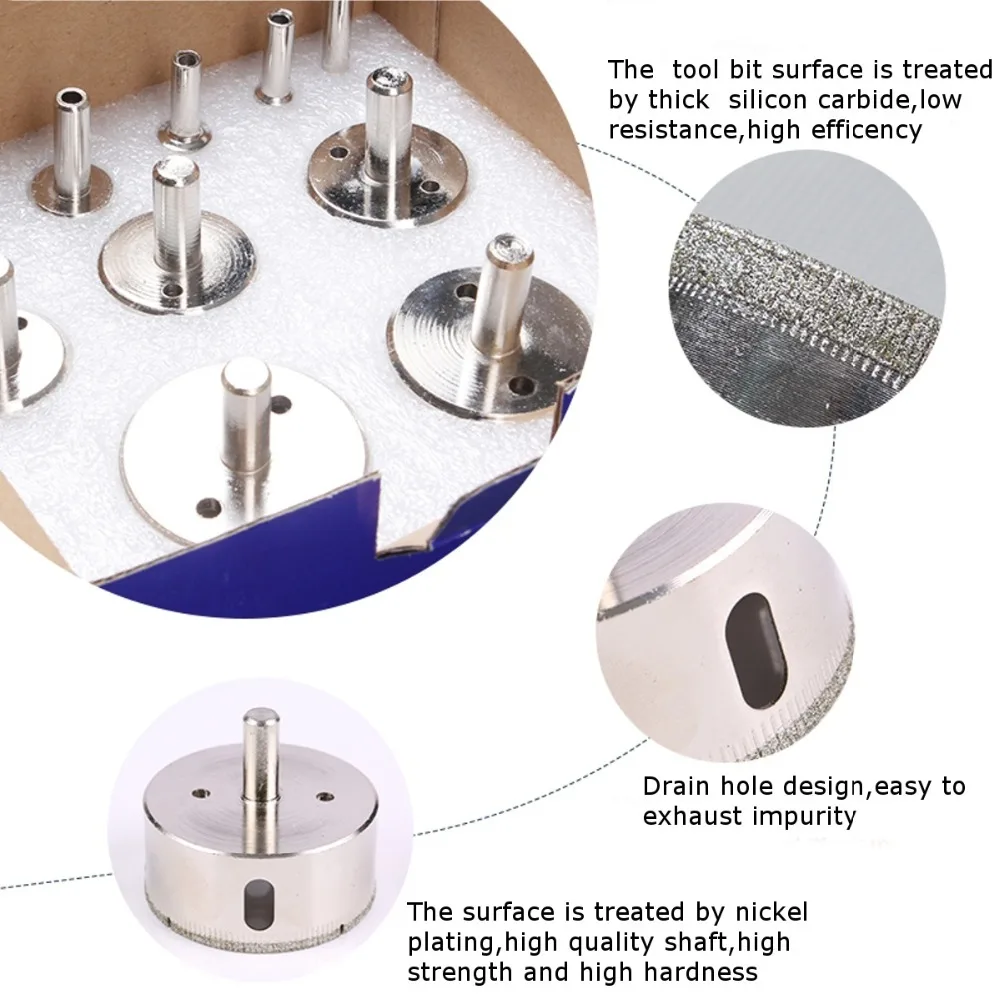 15 pièces/ensemble 6mm-50mm diamant enduit trou scie foret coupe noyau arbre Kit d'outils pour céramique porcelaine verre marbre