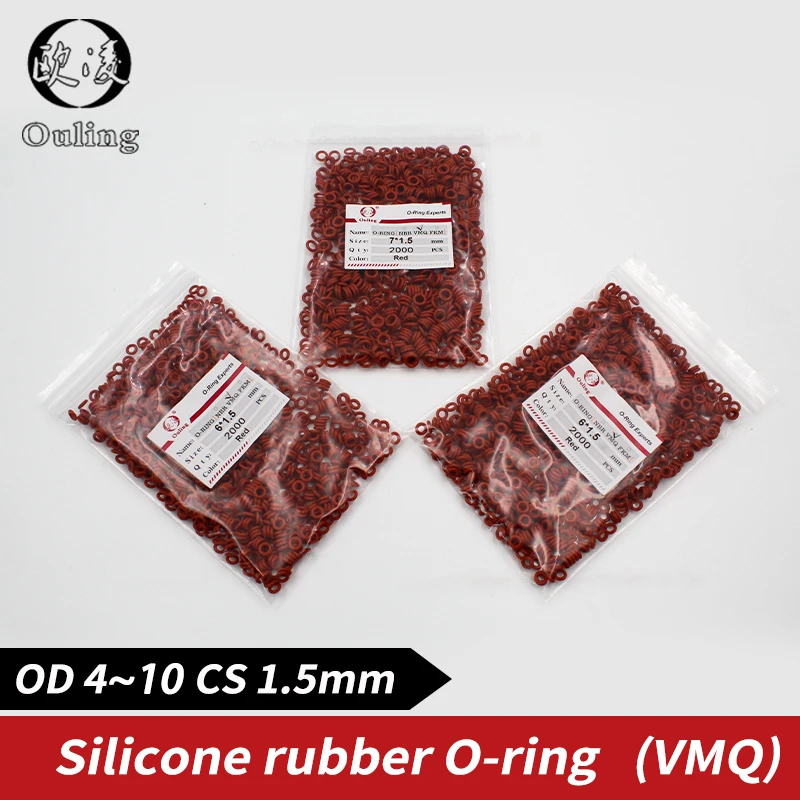 Wholesale Red Silicon 2000PCS/lot 1.5mm Thickness O-ring Food grade Silicone/VMQ OD4/5/6/7/8/9/10mm O Ring Seal Rubber Gasket