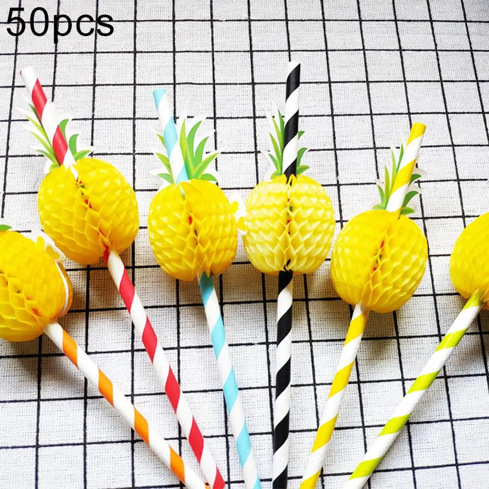 Pajitas desechables de papel de piña, suministros para fiesta de cumpleaños, Bar, 50 unids/set por juego