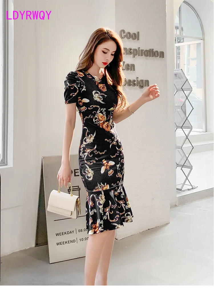 LDYRWQY 2021 new temperament slim short-sleeved round neck bag hip fishtail print dress women Office Lady  Zippers