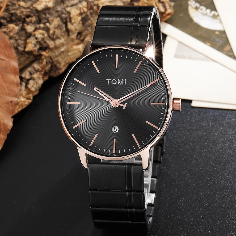 TOMI 2021 Brand Men Watch Fashion Simple Quartz Wristwatch Date Display Replacement Steel Leather Strap Relogio Masculino+Bo