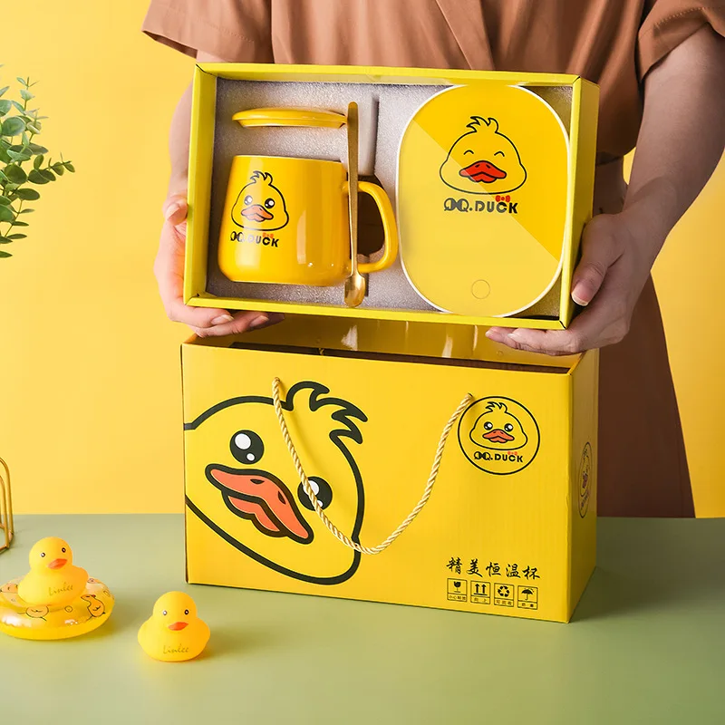 Little Yellow Duck Mug Smart Constant Warm Cup Milk Coffee Heating Insulation Coaster Attemperator With Spoon Gift Package