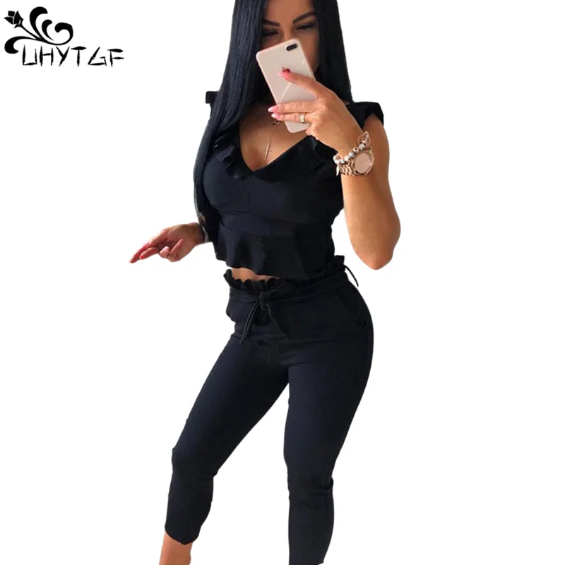 UHYTGF Casual Pant Suits Two Pieces Sets Women Ruffle Sleeveless Top Solid Color Cropped Trousers Tracksuit Roupas Femininas 977