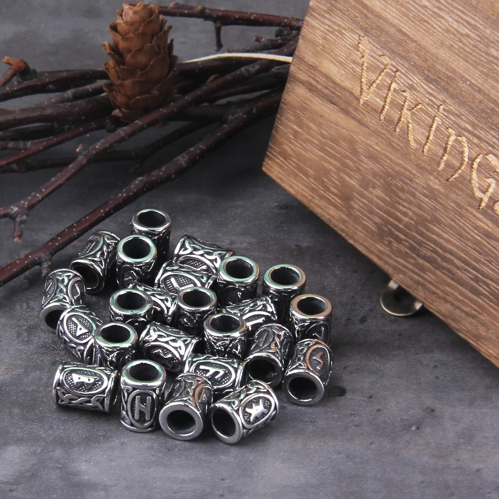 Stainless Steel 24pcs/lot Viking Runes Beads Charms TIWAZ TYR Sol rune Odal Futhark Rune beads for Hair Beard with wooden box