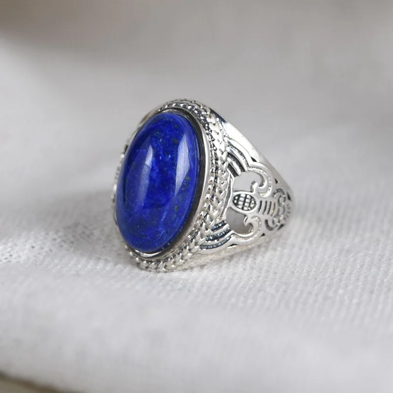 

FNJ 925 Silver Ring for Women Jewelry 100% Original Pure S925 Sterling Silver Rings Natural Lapis Lazuli