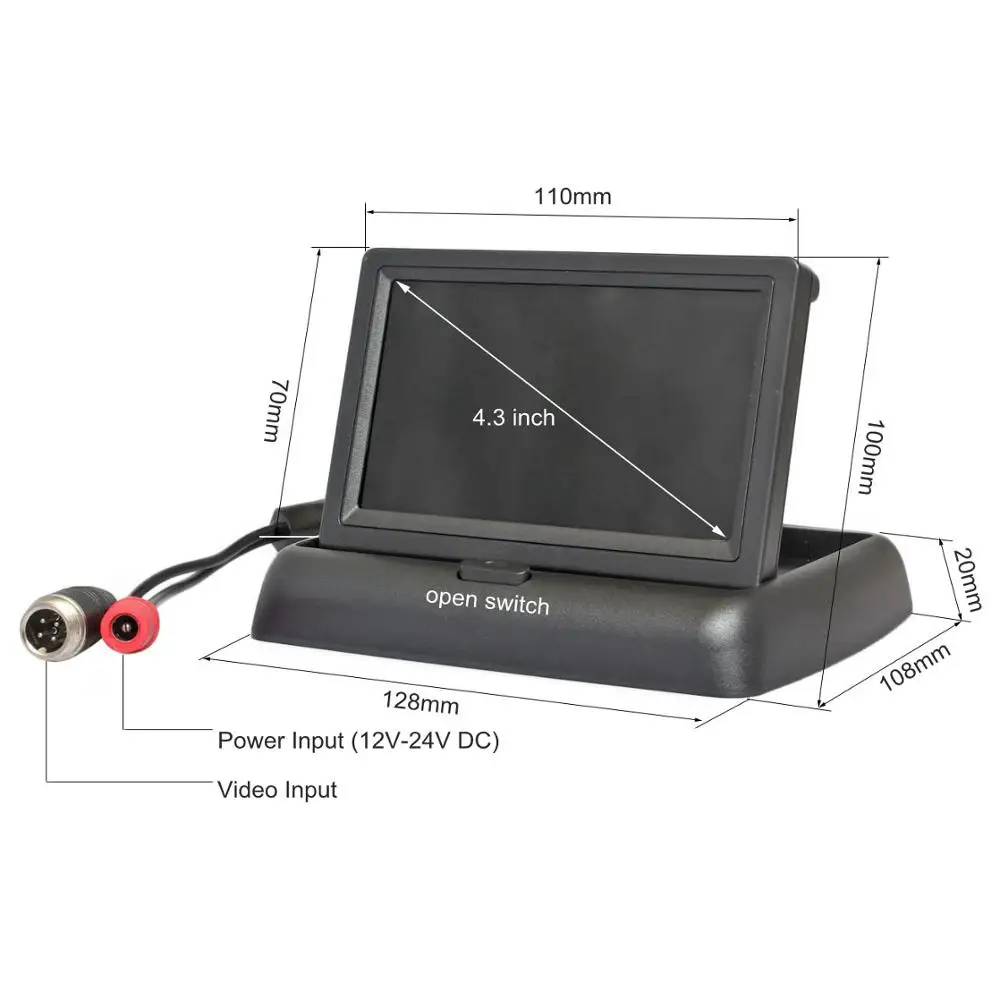 DIYKIT CVBS DC12V-24V 4PIN 4.3inch Foldable TFT LCD Reverse Rear View Car Monitor for Car Truck Bus