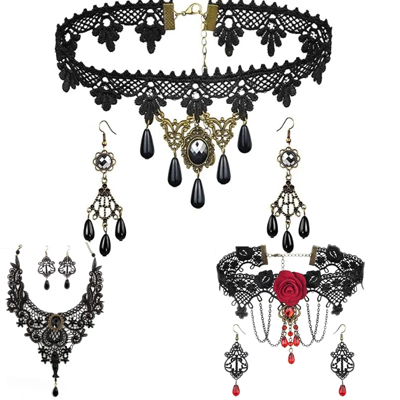 Handmade Exaggerated Jewelry Set Gothic Jewelry Black Lace Necklace & Earring Women Accessories Party Jewelry