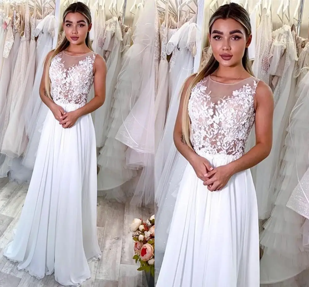 Vestido de Noiva Linha A com Apliques de Renda, Apliques Simples, Até o Chão, Vestidos De Noiva, Colher, Charmoso e Elegante, Branco, Barato