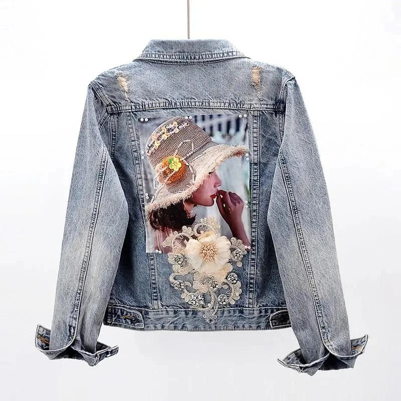 Spring Autumn Women Denim Vest Jacket New Diamond Flower Long Sleeve Jeans Jackets Girl Short Outwear Vintage Cowboy Tops Female