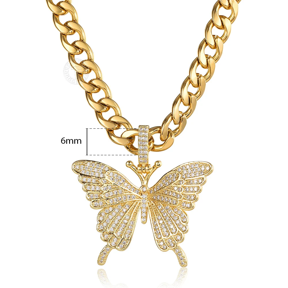 Big Butterfly Pendant Gold Color Necklaces For Women Trendy Full Rhinestone Stainless Steel Curb Cuban Link Chain GP433