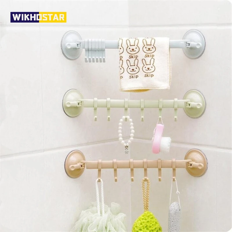 WIKHOSTAR 6 Hooks Towel Rack Suction Cup Hooks Bathroom Organizer Wall-mounted Storage Shelf Kitchen Towel Hanger Rack