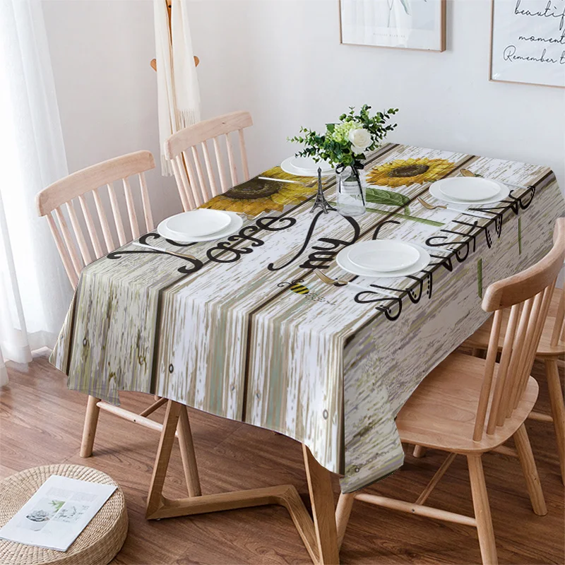 Idyllic Sunflower Bee Vintage Wooden Board Tablecloths Waterproof Kitchen Coffee Table For living Room Home Decor Dining Table