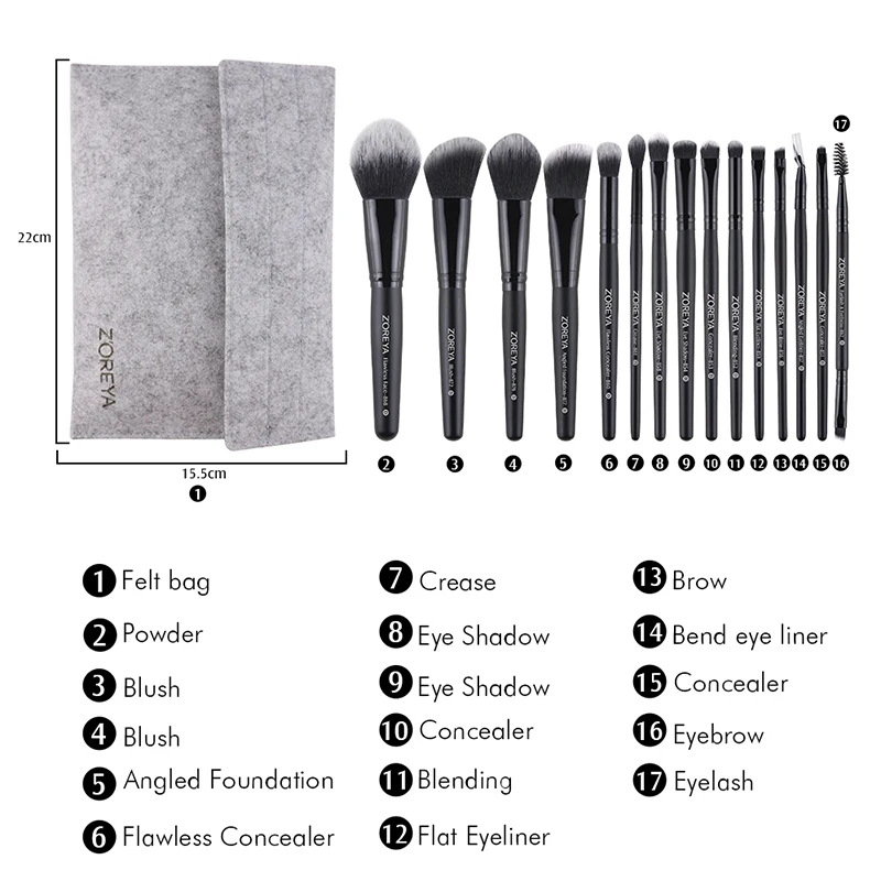 ZOREYA 15pcs Makeup Brushes Set Woode Foundation Blush Natural Soft Eyeshadow Professional Cosmetic Brush Make Up Eyelash Tools