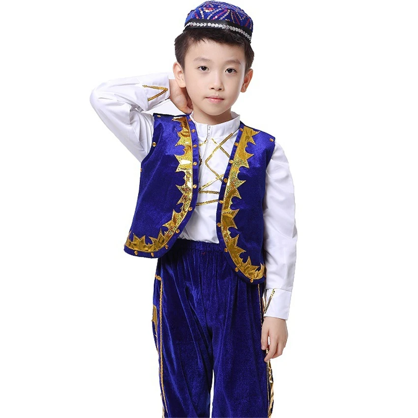 Traditionele Moslim Kleding Voor Islamitische Jongen Arabisch Jubba Thobe Arabische Prestaties Saudi Arabië Dans Slijtage Top + Broek + Hoed set