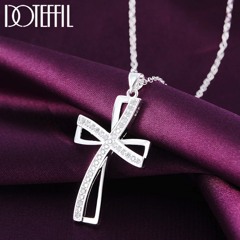 

DOTEFFIL 925 Sterling Silver 18 Inches Cross AAA Zircon Pendant Necklace For Women Fashion Wedding Party Charm Jewelry