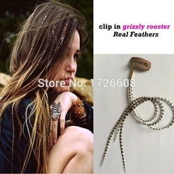 Women hair accessories clip in feather hair extension natural real grizzly rooster solid zebra lines feather party hairpieces