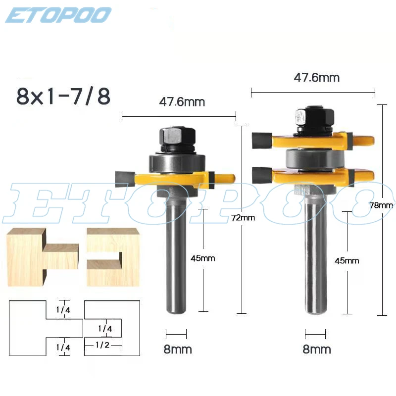 2 pcs 8/6/12/T 1/4 Shank Tongue & Groove Joint Assemble Router Bits T-Slot Milling Cutter for Wood Woodwork Cutting Tools