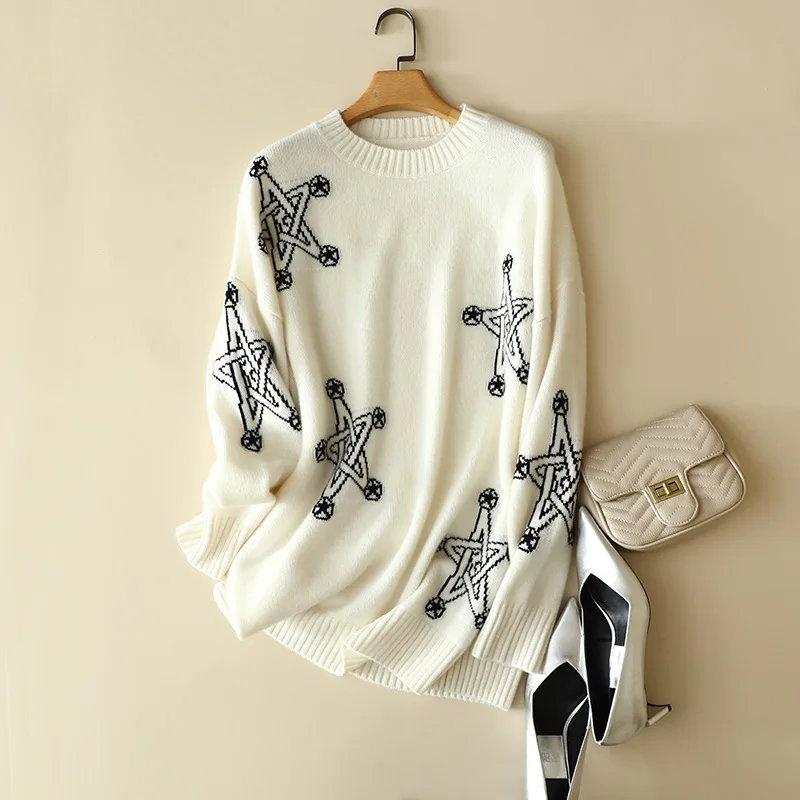 

winter new star jacquard 100% cashmere sweater dresses long sleeve womens thick fashion warm jumper tops