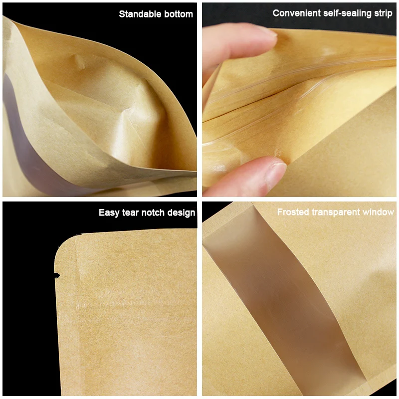 50PCS Brown Kraft Packaging Paper Bag Doypack Tea Candy Food Snack Powder Storage Zipper Bag Package Design with Matte Window