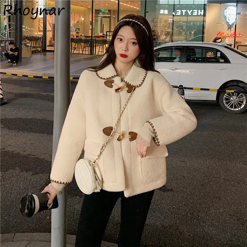 

Basic Jackets Women Patchwork Horn Button Pockets Vintage Loose Students Ins Sweet Turn-down Collar All-match Winter Warm Coats