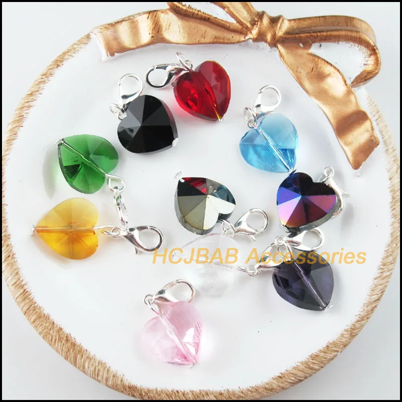 10 New Heart With Clasps Charms Silver Plated Crystal Beads Mixed