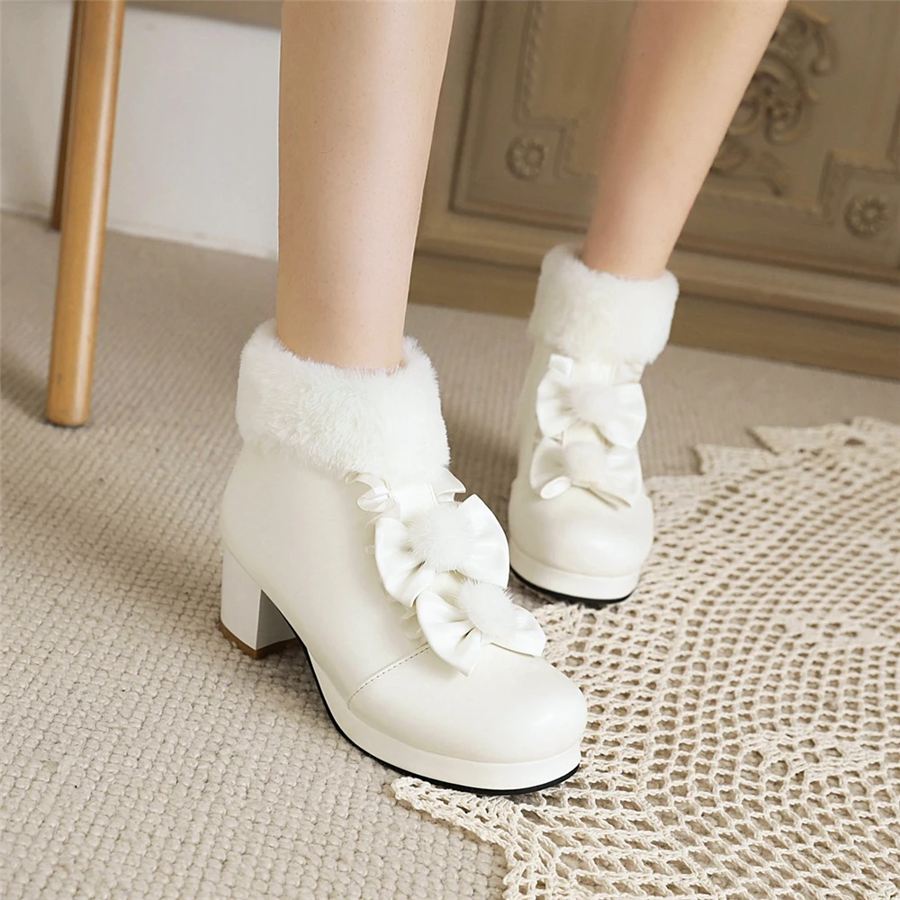 Lolita Girls Winter Boots Pink Women Fur Bowtie Butterfly-Knot Lovely Ladies Ankle Boots Japanese Cosplay Party Wedding Shoes