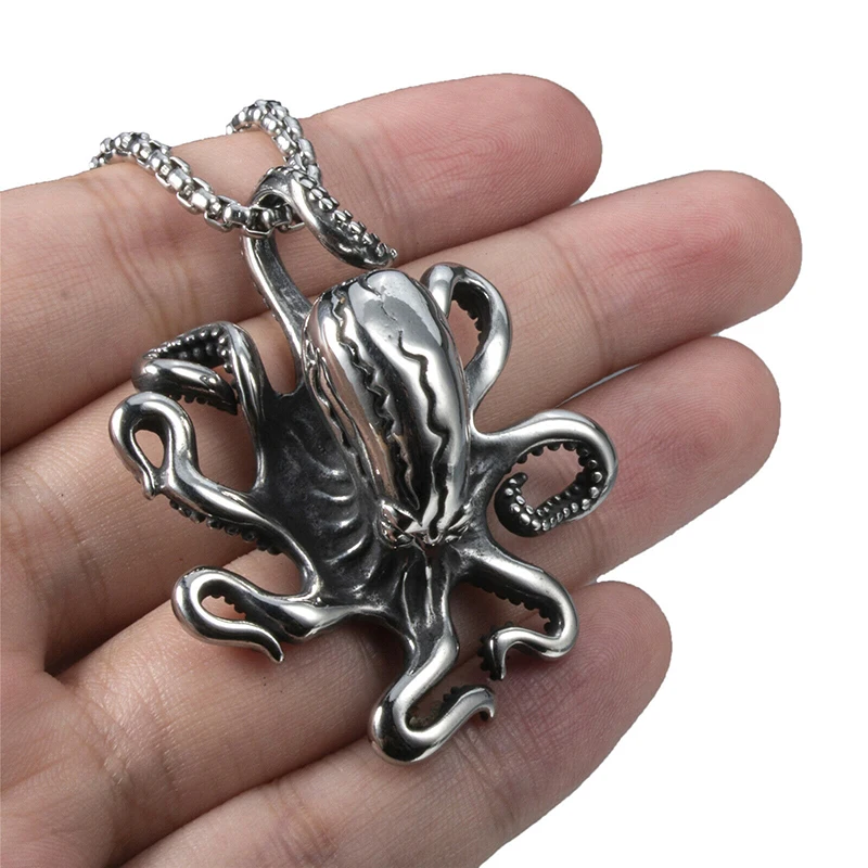 Elfasio Men's Octopus Sea Beast Solid Stainless Steel Pendant Necklace Chain Vintage jewelry