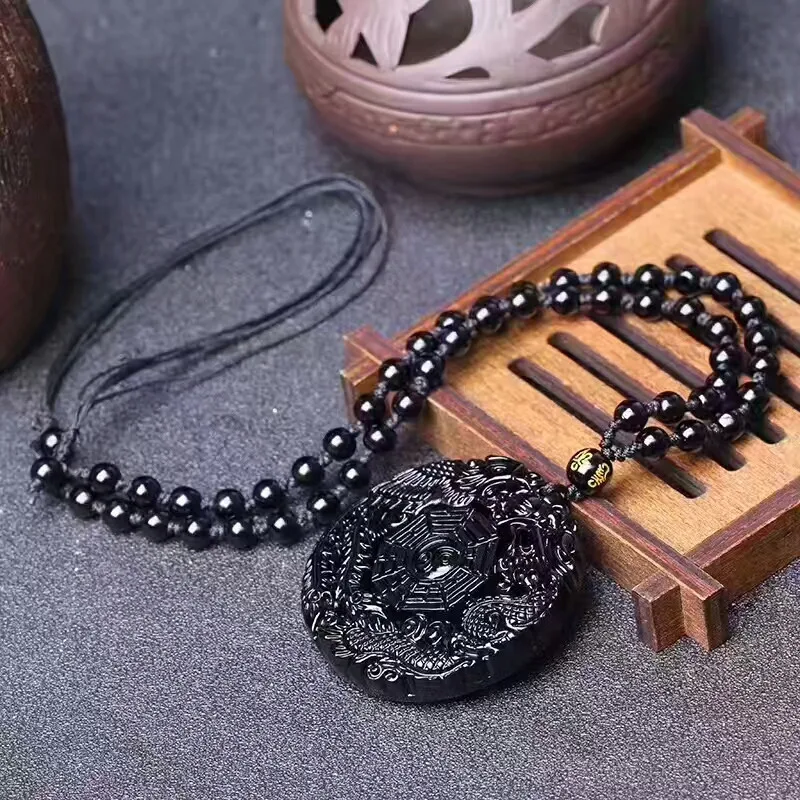 Natural Obsidian Dragon and Phoenix Necklace Pendant Jade Pendant Lucky Pendants With Beads Chain Jade Jewelry